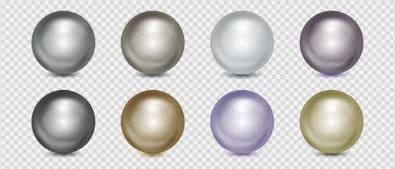 Realistic colored 3d balls set, Metallic gray and golden pearl spheres with shining highlights and shadows on transparent background, Vector illustration.