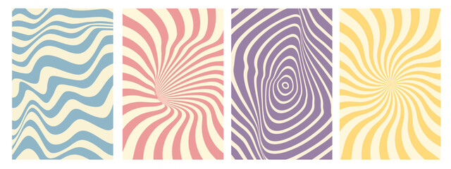 Retro groovy 70s funky vector backgrounds with trendy hippy patterns. Retro psychedelic swirl, twirl pattern, waves posters collection for covers, decorative banners, interior,
