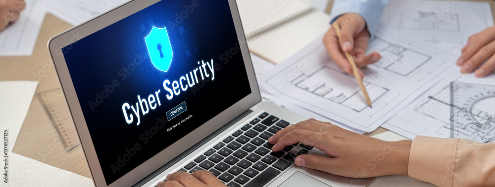 Poster cyber security system on computer screen protect private information brisk from hacker and cyber att