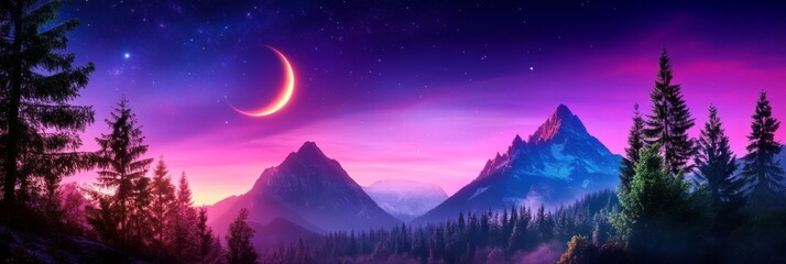 Naklejka premium Majestic Mountain Night - Serene landscape of mountains at night under a crescent moon and starlit sky. Pink and purple hues dominate the scene