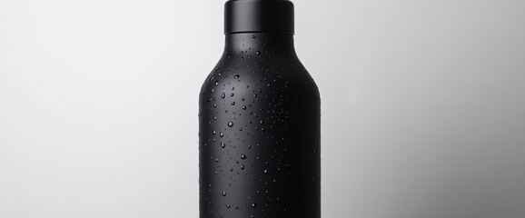 A stylish black matte water bottle with a sleek silhouette stands against a clean white background. Water droplets enhance its texture, illuminated by soft studio lighting to highlight its curves