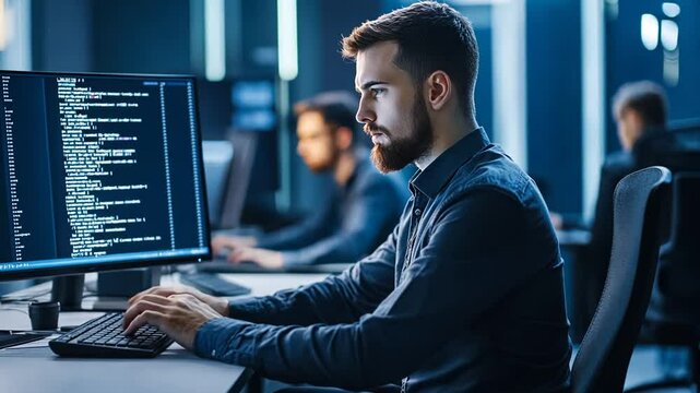 Focused software developer coding in modern office environment at night time video
