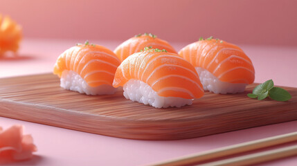 Savoring fresh salmon sushi on a wooden platter