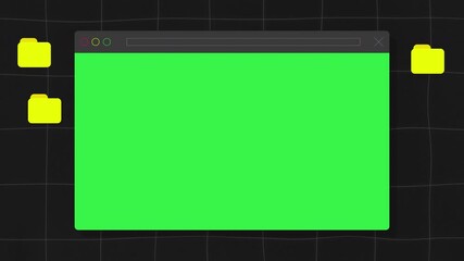 Animated background of a waving grid behind a stylized browser window with a green chroma key area and yellow folders. Minimalist tech interface design for video editing and overlays. 4K