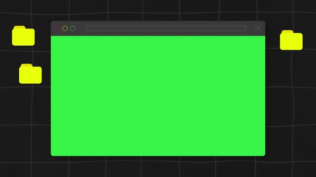 Animated background of a waving grid behind a stylized browser window with a green chroma key area and yellow folders. Minimalist tech interface design for video editing and overlays. 4K