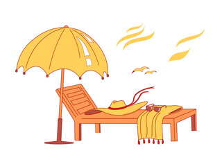 Parasol, Sun Bed, Hat, Sunglasses - a simple Illustration on the Theme of Vacation on the Seaside