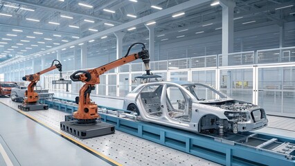 "A technician overseeing an automated automotive factory with robotic arms assembling vehicle parts, using smart production techniques and augmented reality for real-time analytics."