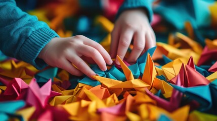 Child's Hands Crafting Colorful Origami Paper Shapes in a Bright and Creative Environment