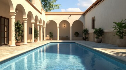 Sunny Day at a Spanish Villa with Refreshing Swimming Pool: A Beautiful Architecture Highlight