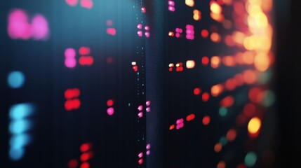 Close-up of a Computer Screen Showing Live Stock Ticker Data and Abstract Bokeh Lights for Data Processing