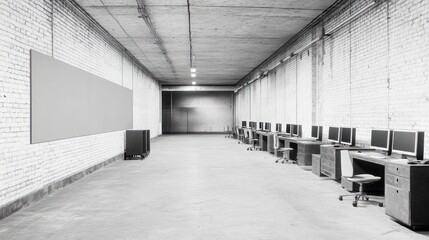 Empty Office Space with Computers and Whiteboard in Industrial Building
