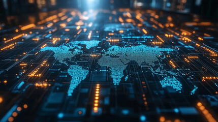 Digital World Map On Circuit Board Background