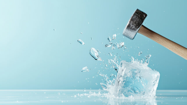 Hammer breaking ice block on blue background