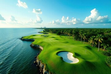 Panoramic aerial golf course, Florida coastline visible, outdoor, property photography, golf course
