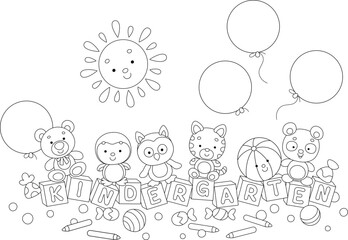 Kindergarten card with cartoony baby animals, bricks with letters, pencils, funny toys, holiday balloons and a cute smiling Sun, black and white vector cartoon illustration