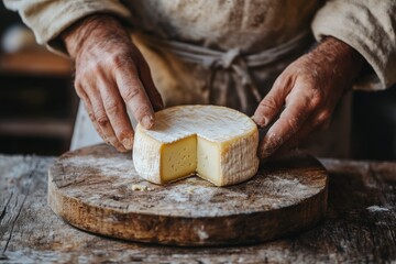 Close-up of Farmer's Hands Presenting Fresh Cheese on a Rustic Wooden Board, Showcasing Culinary Artistry and Dairy Expertise