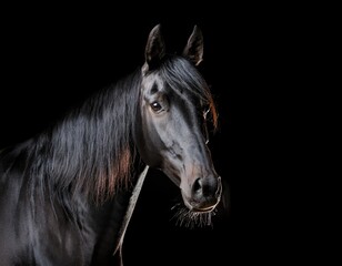 Fototapeta premium The striking head of a black horse emerges from the darkness of a rustic barn.. Generated with AI.