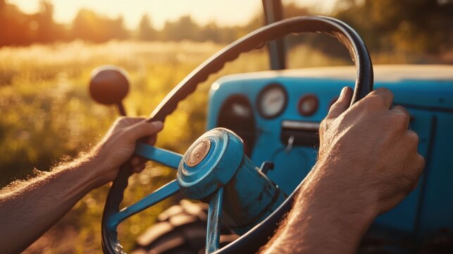 Farmer's hands on the steering wheel of an old blue tractor driving through a sunny field at sunset - Powered by Adobe