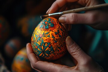 Hand painting a colorful egg with intricate designs, showcasing traditional craft and artistry