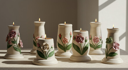 An artistic arrangement of several commemorative candles in elegant ceramic holders, each uniquely detailed with floral motifs