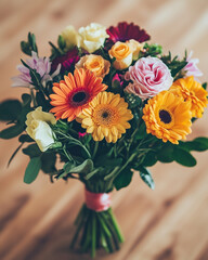  Colorful flower bouquet in natural style on wooden background