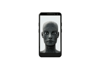 Digital representation of a human-like face displayed on a smartphone screen isolated on transparent background