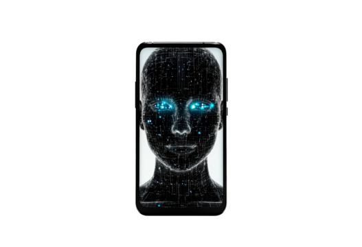 Digital representation of a human head displayed on a mobile device isolated on transparent background