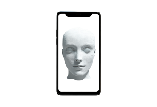 Digital representation of a human head displayed on a mobile deviceDigital representation of a human head displayed on a mobile device isolated on transparent background