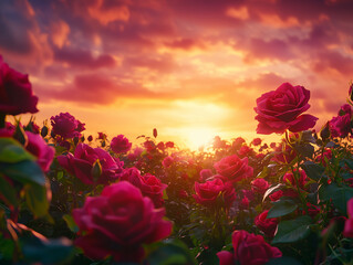 Red roses in bloom at sunset in scenic garden landscape