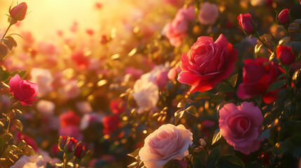 Pink and red roses in garden at golden hour light