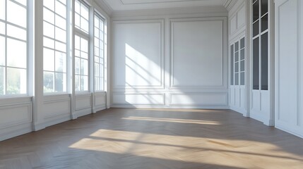 Fototapeta premium 3d empty wall mockup featuring white wall and wood floor room 