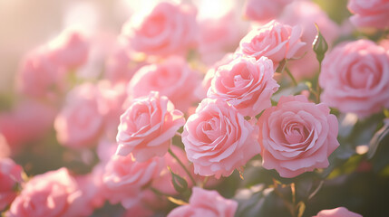 Pink roses in soft light in blooming garden at sunrise