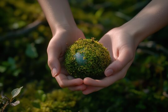 Child's hands gently holding a moss-covered orb with a shimmering blue center, set against a blurred green forest backdrop
