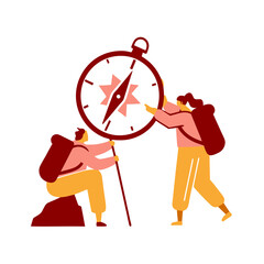 Two hikers navigating with big compass in flat colorful style, AI Generation