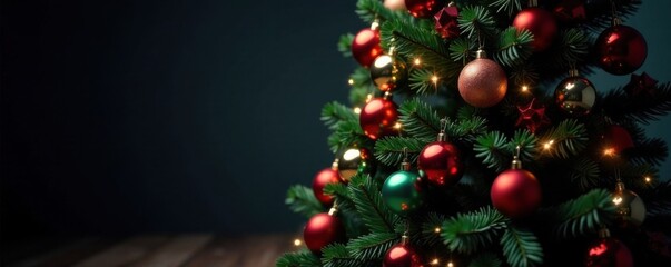 Christmas tree with multicolored ornaments in a darkened room, night, glow