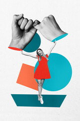 Template collage design trend artwork 3D sketch of young lady wear dress stand hold two hand...