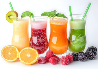 A white background highlights fresh fruit juices, making them suitable for use in web and print design