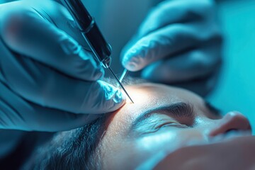 Surgeon performing precise hair transplant procedure on a patient, using specialized tools under bright medical lighting