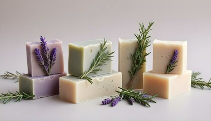 Four round bars of soap are arranged in a row against a white background, each adorned with different botanical elements