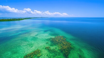 Obraz premium Vibrant Aerial View of Biscayne Bay: Shallow Waters and Colorful Reefs Above Miami, Florida