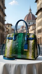 The image shows a handbag on a white tablecloth with a view of a cityscape in the background. The handbag is made of a snake skin-like material in shades of green, yellow, and blue. It has two blue ha