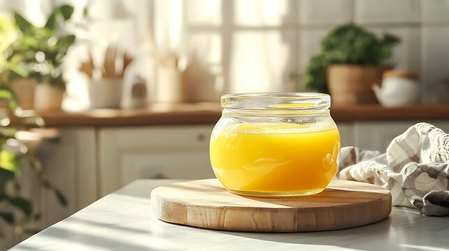 Glass ghee jar mockup on kitchen counter background  
