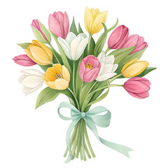 Obraz premium Bouquet of Pink, Yellow, and White Tulips with Light Blue Ribbon on Transparent Background