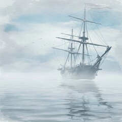 Vintage Sailing Vessel In Ocean Mist