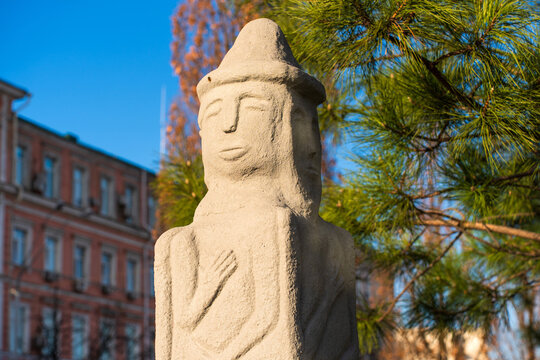 Kyiv, Ukraine - March 28, 2025: Zbruch Idol Ancient Slavic Pagan Cult Stone Sculpture in Kyiv