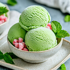 Closeup of Three Scoops of Light Green Mint Ice Cream with Pink Candied Berries