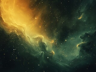 Obraz premium Stunning close-up of a cosmic nebula showcasing swirling gas clouds, luminous stars, and vibrant shades of gold, green, and black
