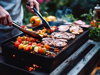 Summer grilling feast: juicy steaks and vibrant vegetable skewers sizzling on a hot grill, smoky aroma fills the air with warm golden light
