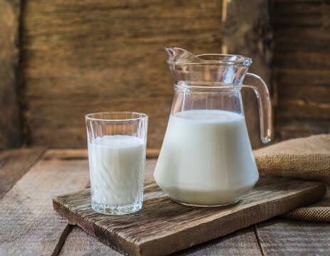 Rustic scene with glass and pitcher of fresh milk on wooden board