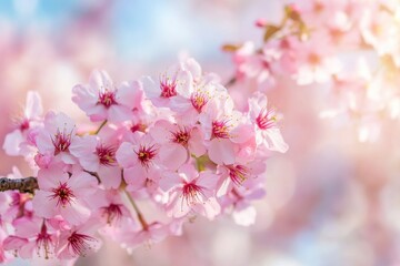 Obraz premium Ethereal Cherry Blossom Branch: A Close-Up of Delicate Pink Flowers in Soft Focus and Warm Sunlight
